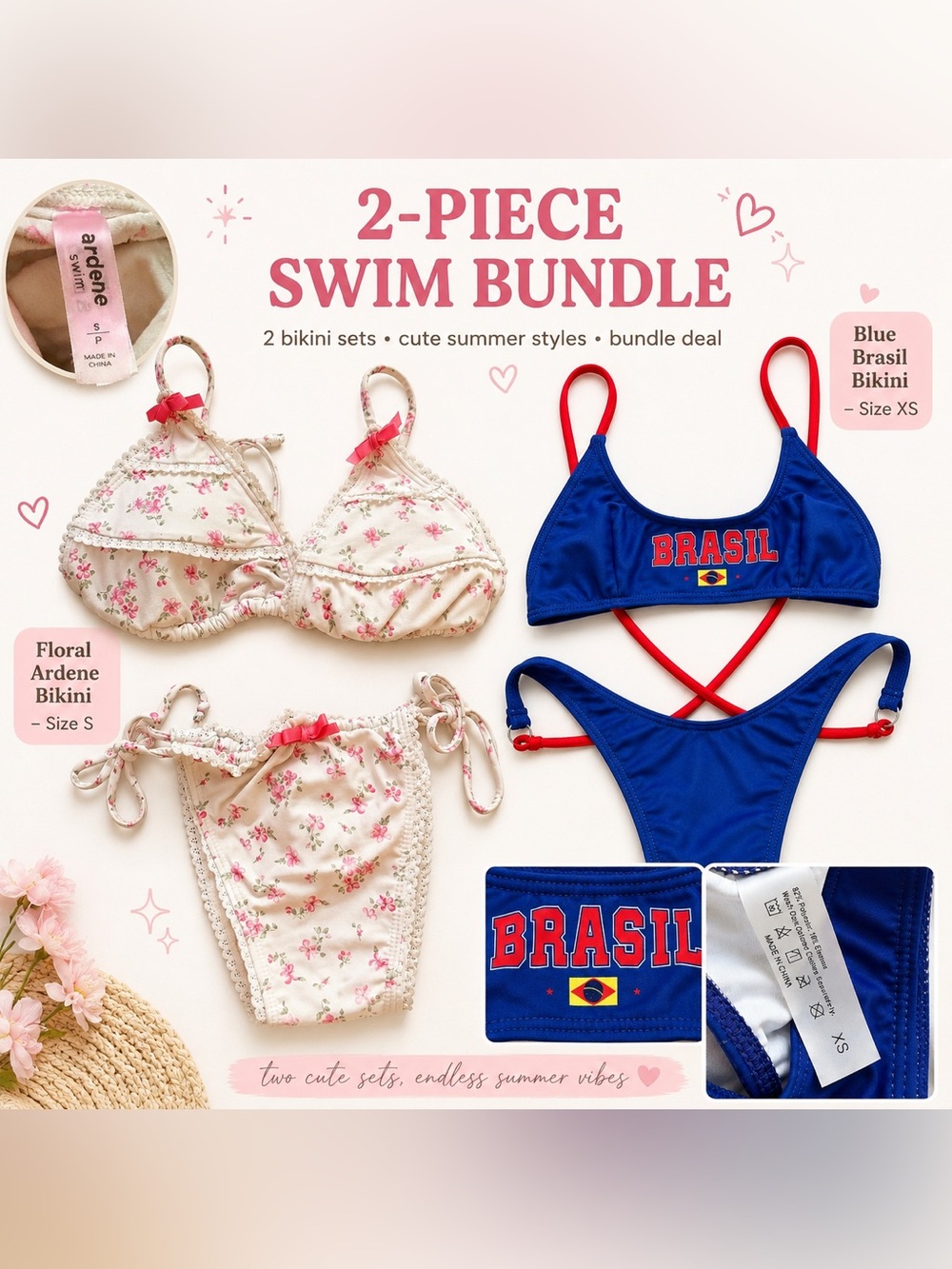 Ardene Cream Floral & Blue Brasil Women 2-Piece Swim Bundle